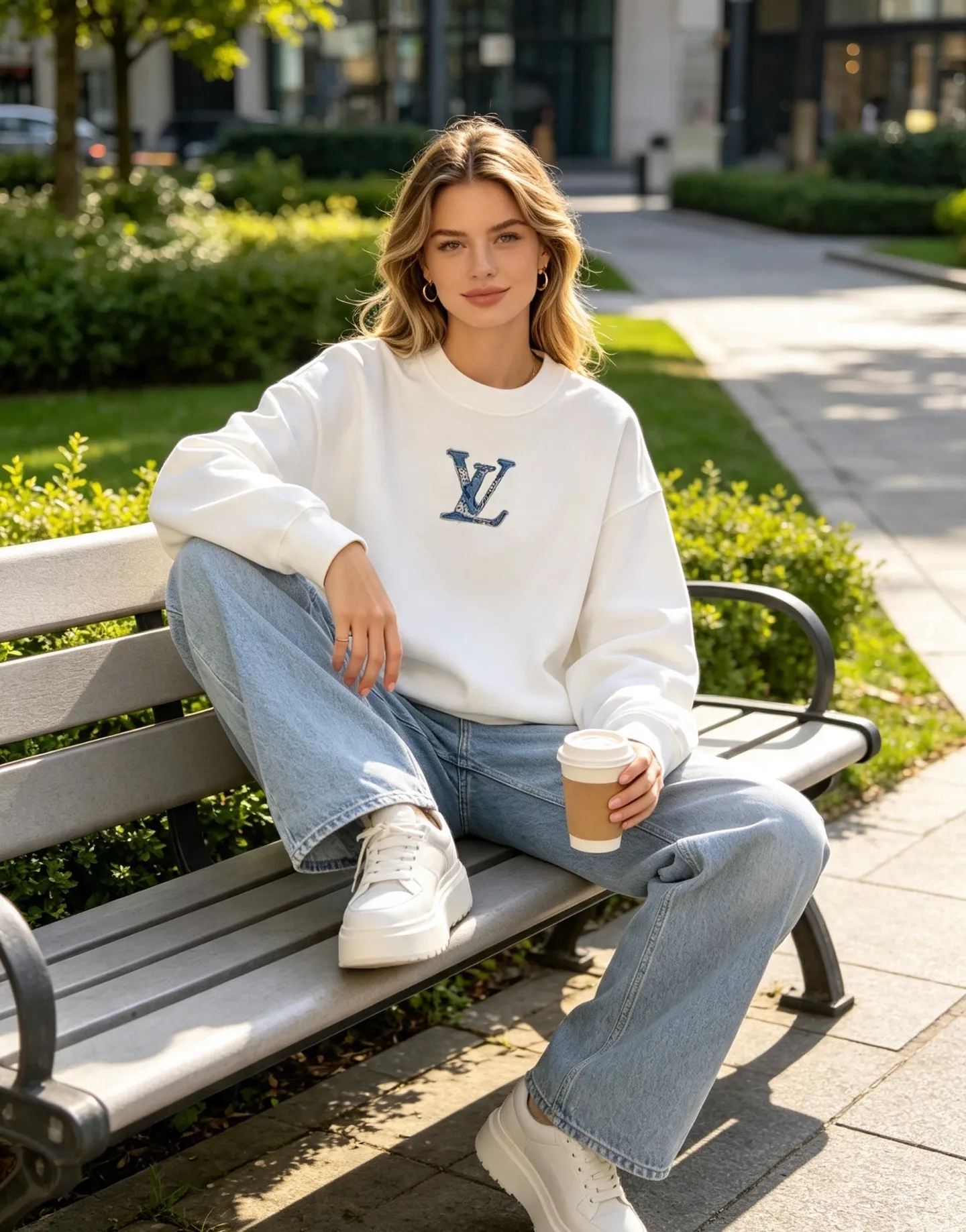 Louis Vuitton/Louis Vuitton denim patch letter embroidered crew neck sweatshirt